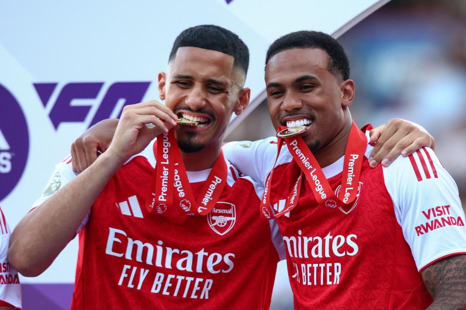 LONDON, UK - 24th May 2026: William Saliba and Gabriel Magalhaes of Arsenal with their winners medals after the Premier League match between Crystal Palace FC and Arsenal FC at Selhurst Park (Credit: Craig Mercer/ Alamy Live News)