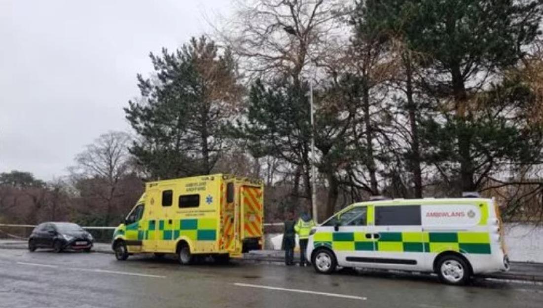 Ambulances and emergency personnel on a road.