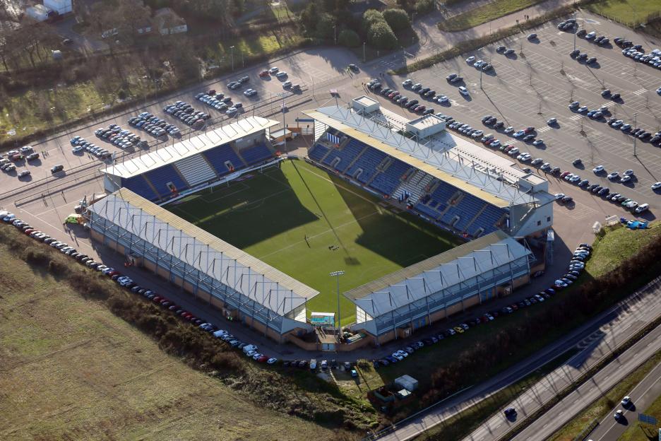 aerial view of Colchester United football ground, Essex