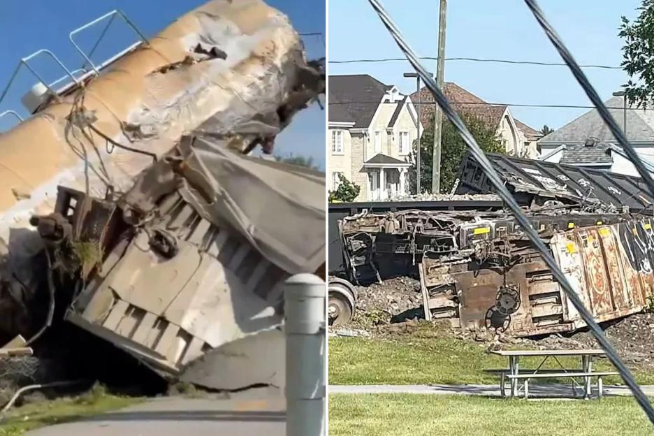 Train Derails in Canada: Shocking Photos Capture Overturned Carriage and Wreckage Across Road as Fences are Torn Away