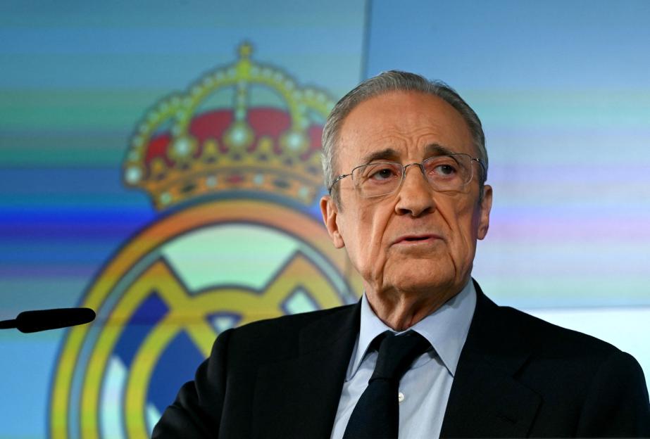 Florentino Perez, president of Real Madrid, speaks at a press conference.