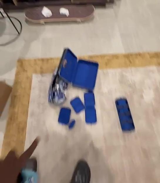 Aftermath of a burglary showing an opened blue case and other items on the floor, with shelves and a skateboard in the background.
