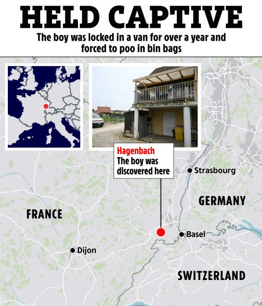 Illustration showing a map of Europe with a red dot near Hagenbach, France, where a boy was discovered after being held captive.