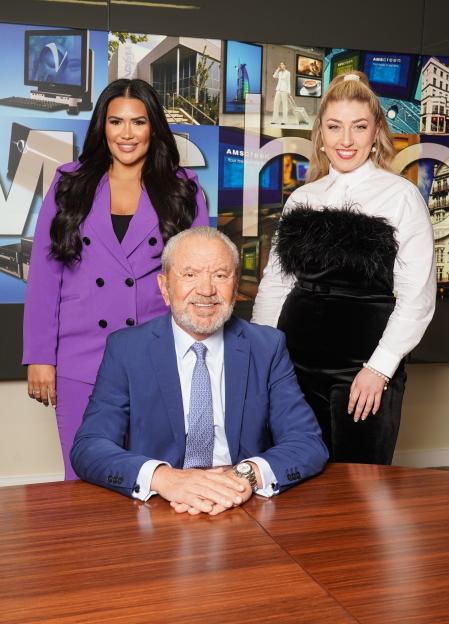 Rochelle Anthony, Lord Sugar, and Marnie Swindells pose in a boardroom setting.