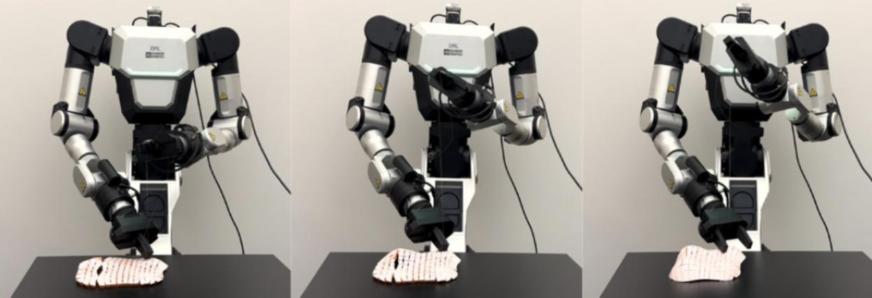 A collage showing a robot interacting with a pliable object in three sequential frames.