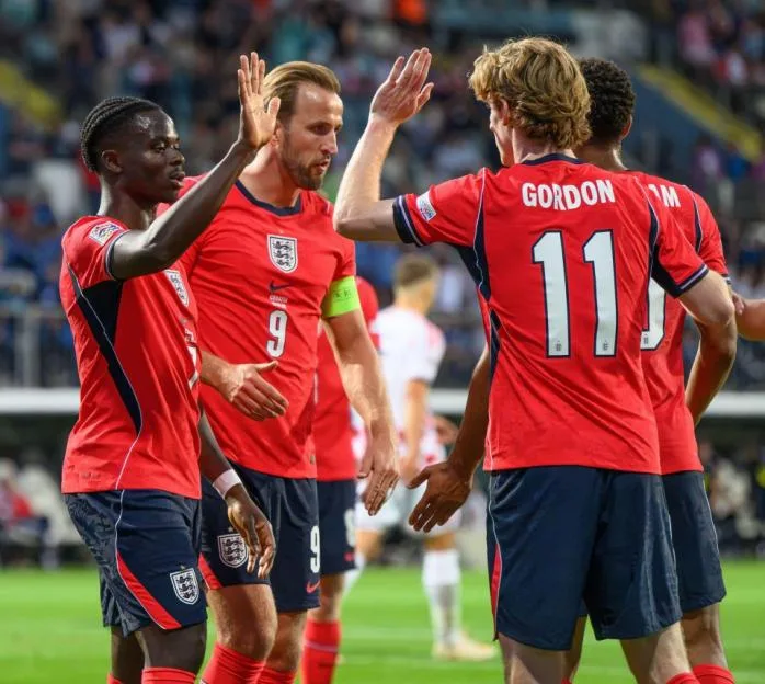 Rijeka, Croatia. 03rd Oct, 2026. Croatia v England - UEFA Nations League - Stadion HNK - Rijeka - Croatia. England's Bukayo Saka celebrates his goal with Anthony Gordon, Harry Kane and Jude Bellingham. Picture Credit: Mark Pain/Alamy Live News