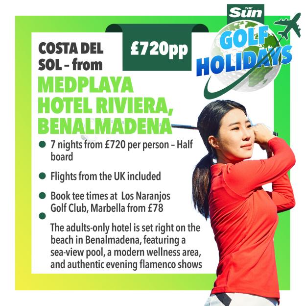 Illustration of a golf travel graphic for Costa del Sol featuring a female golfer, hotel details, and price information.