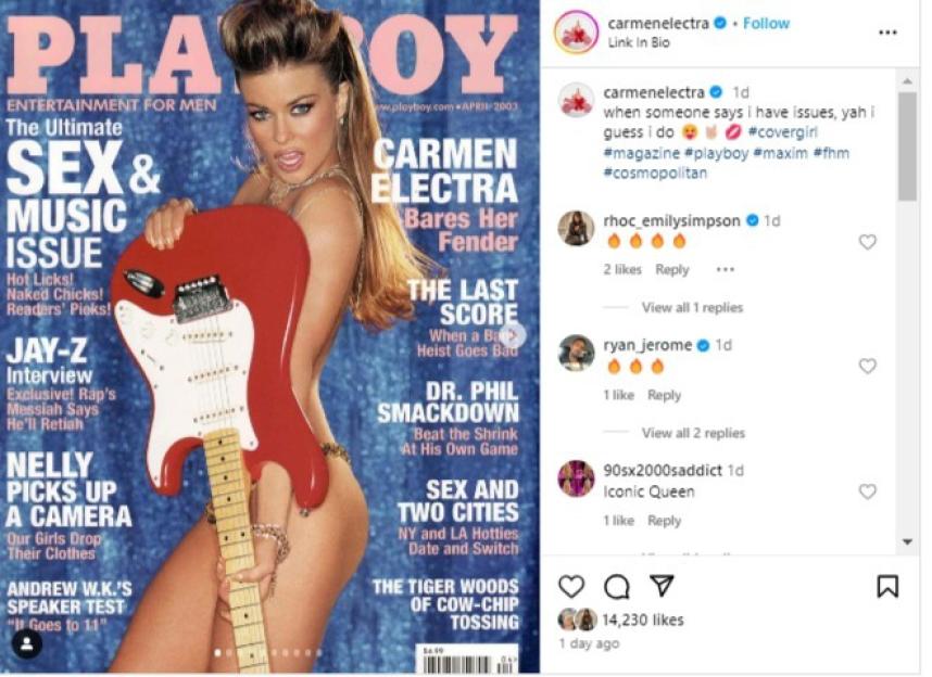 Playboy magazine cover featuring Carmen Electra posing naked with a red electric guitar.