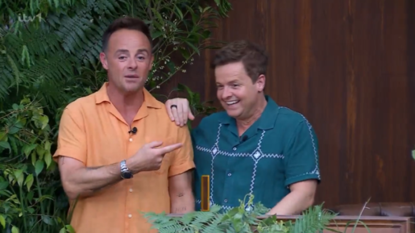 Ant and Dec standing side by side, with Ant pointing and Dec laughing, in a jungle setting.