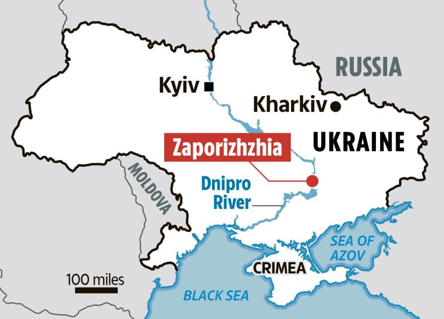 Illustration of a map of Ukraine with key cities Kyiv, Kharkiv, and Zaporizhzhia highlighted, along with the Dnipro River, Black Sea, Sea of Azov, Crimea, and neighboring countries Moldova and Russia.