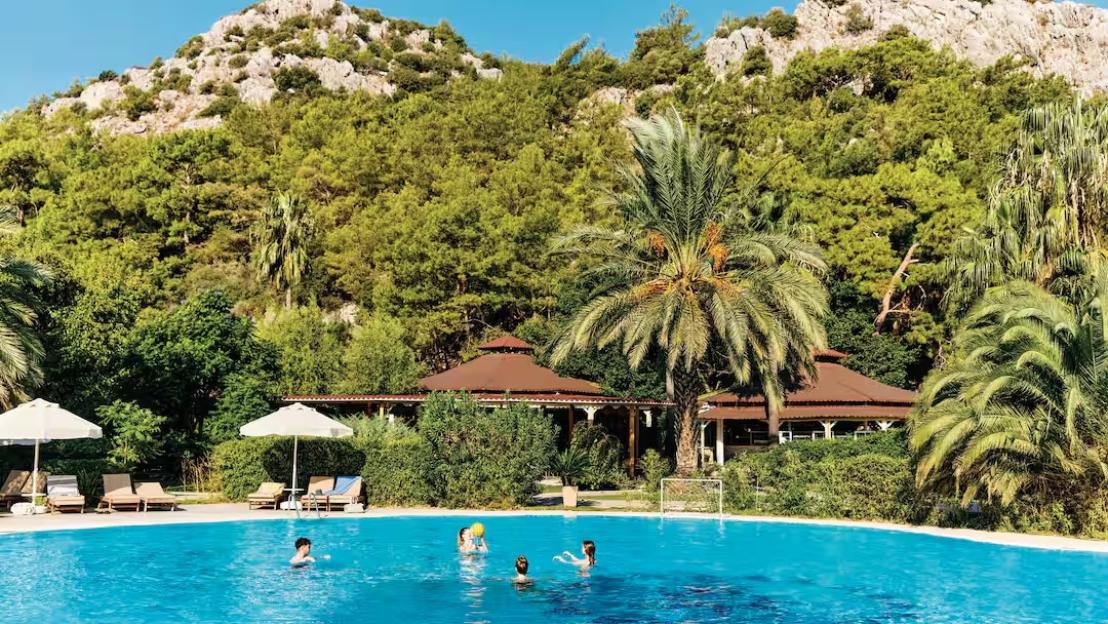 A family enjoys a resort swimming pool with palm trees, shaded lounge chairs, and a mountain covered in pine trees in the background.