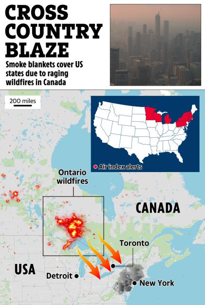 Collage of a map showing Ontario wildfires, air index alerts in US states, and a smoke-filled city skyline.