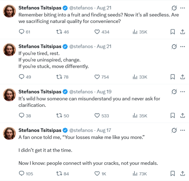 Collage of four tweets by Stefanos Tsitsipas.