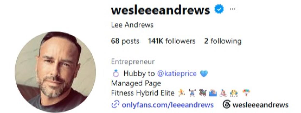 Screenshot of Wes Andrews's Instagram profile showing he follows 2 people: Katie Price and Mari Sol.