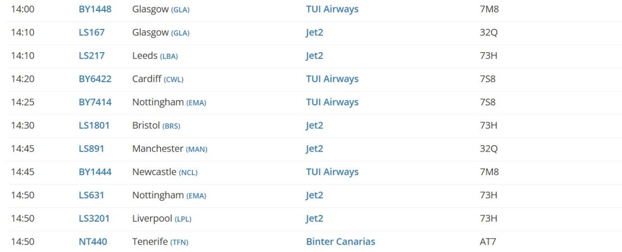 A list of departure flights, showing times, flight numbers, destinations, airlines, and aircraft codes.