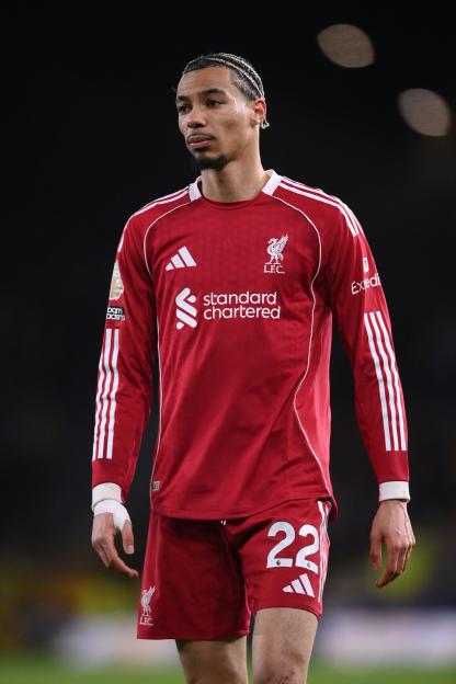Wolverhampton Wanderers player, Stefan Bajcetic, wearing a red jersey with number 22.