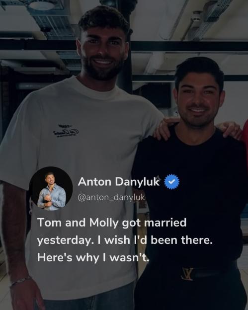 Anton Danyluk with another man, with text overlay discussing a wedding.