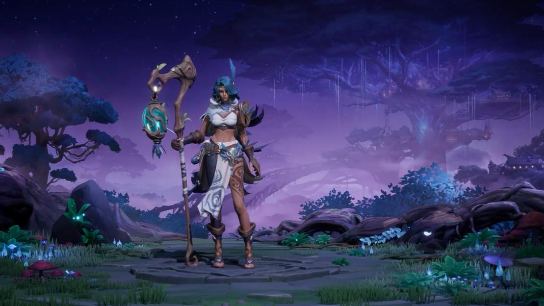 Illustration of a female character with blue hair and a staff in a fantasy forest.