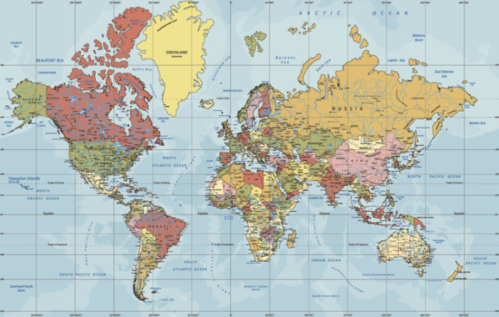 Political world map with country names.