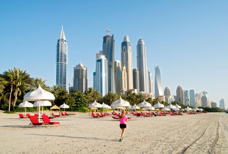 Dubai Skyline and Beach at The One and Only Mirage Hotel in Dubai United Arab Emirates