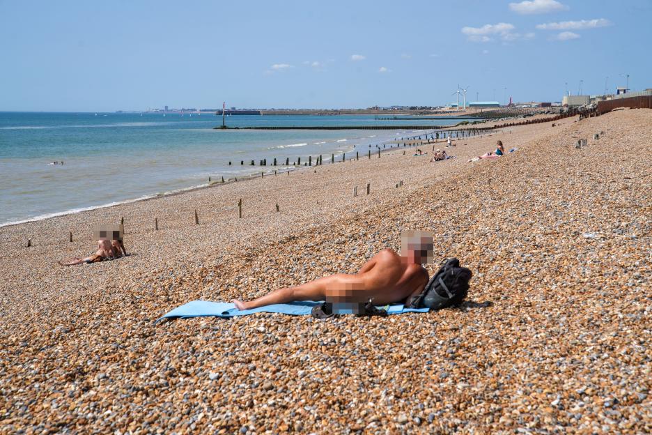 Naturists sunbathing on a pebble beach.