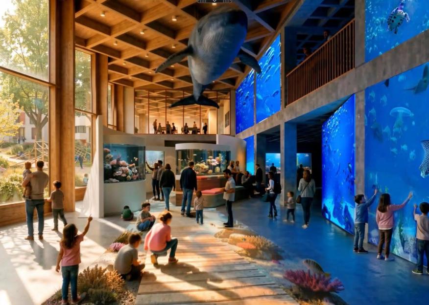 Illustration of an aquarium with a whale hanging from the ceiling, large fish tanks, and people interacting with exhibits.