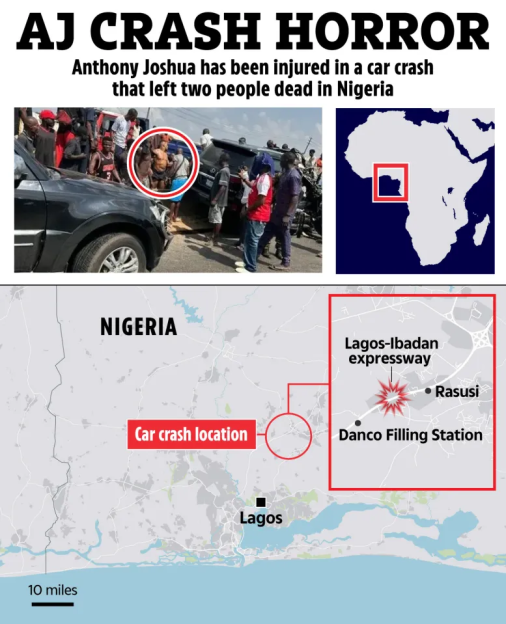 Collage of a news article about Anthony Joshua's car crash in Nigeria, including a photo of the crash scene, maps showing the crash location, and the headline "AJ CRASH HORROR".