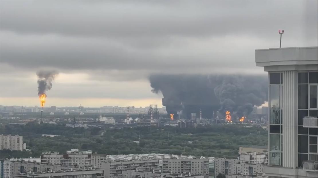 Moscow was shrouded in apocalyptic noxious black smoke today after Ukraines biggest attack of the war on the Russian capital, which targeted the the citys main oil refinery at Kapotnya.