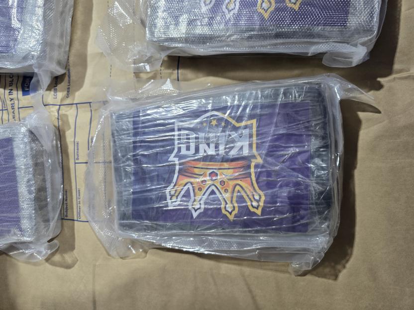 Bags of seized drugs with "DNK King" branding on brown police evidence bags.
