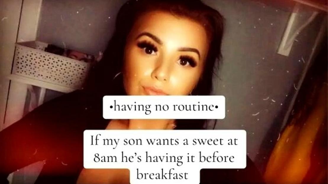 A woman with long eyelashes and dark hair with text overlay about her relaxed parenting style.