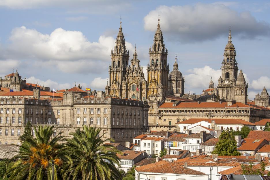Cityscape of Santiago de Compostela showing the cathedral's ornate bell towers and domes rising above the red-tiled roofs of the city's buildings and palm trees.