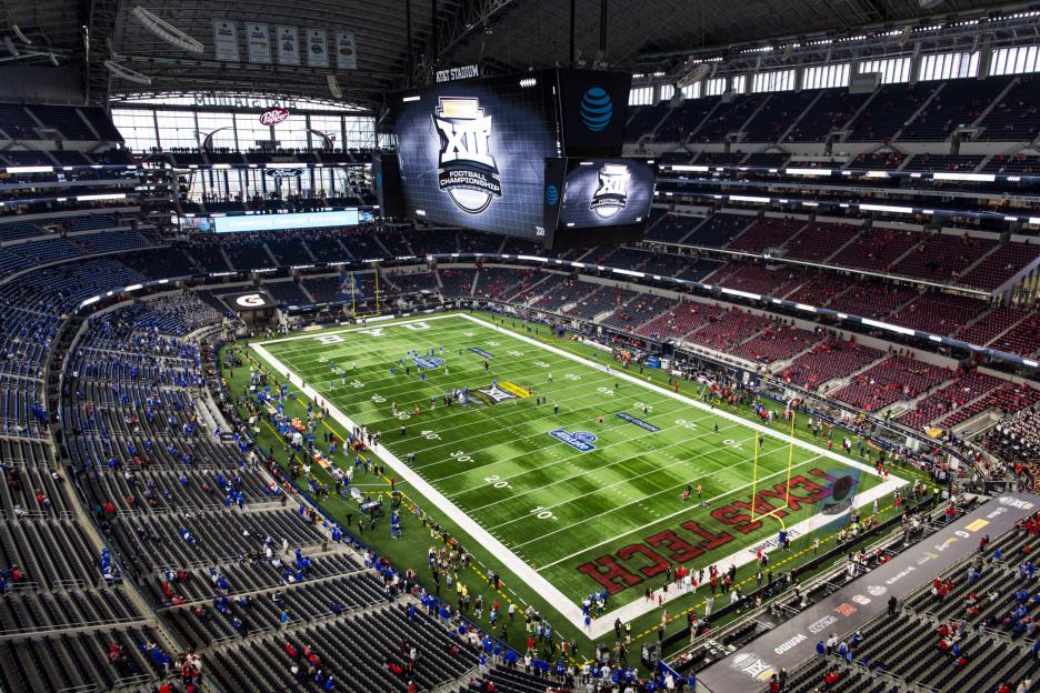 An overhead view of the Edward Jones Big 12 Championship football field, with BYU and Texas Tech logos at opposite ends.