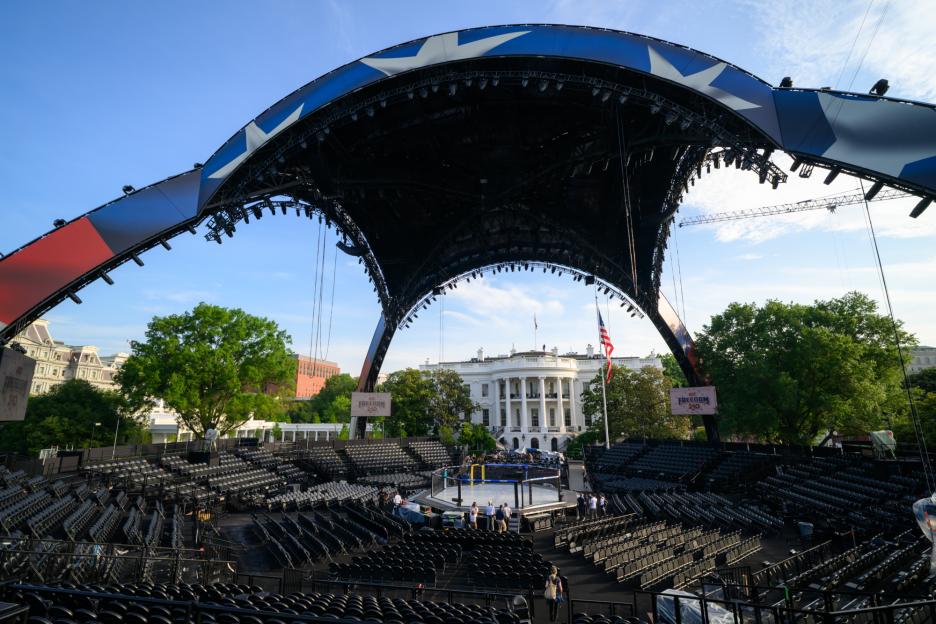 Outdoor UFC Freedom 250 arena and stage set up in front of the White House.