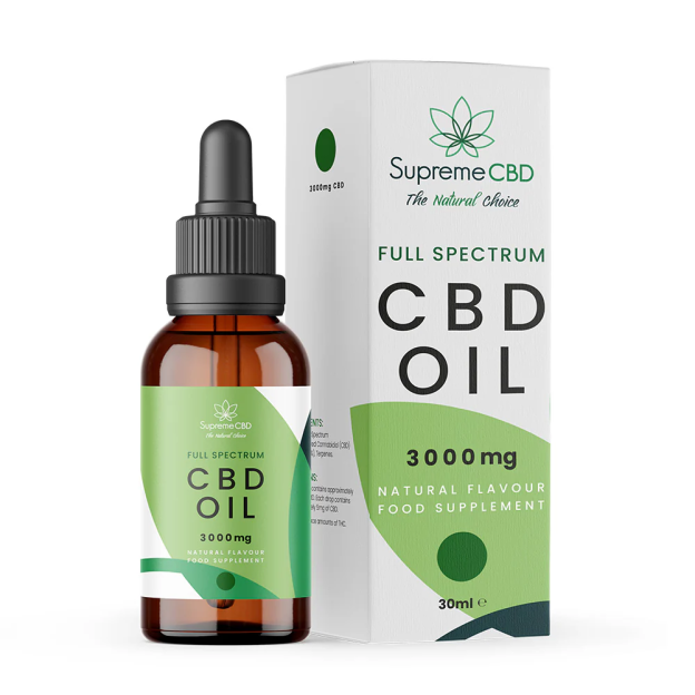 Supreme CBD Full Spectrum CBD Oil with dropper bottle and packaging, 3000mg.