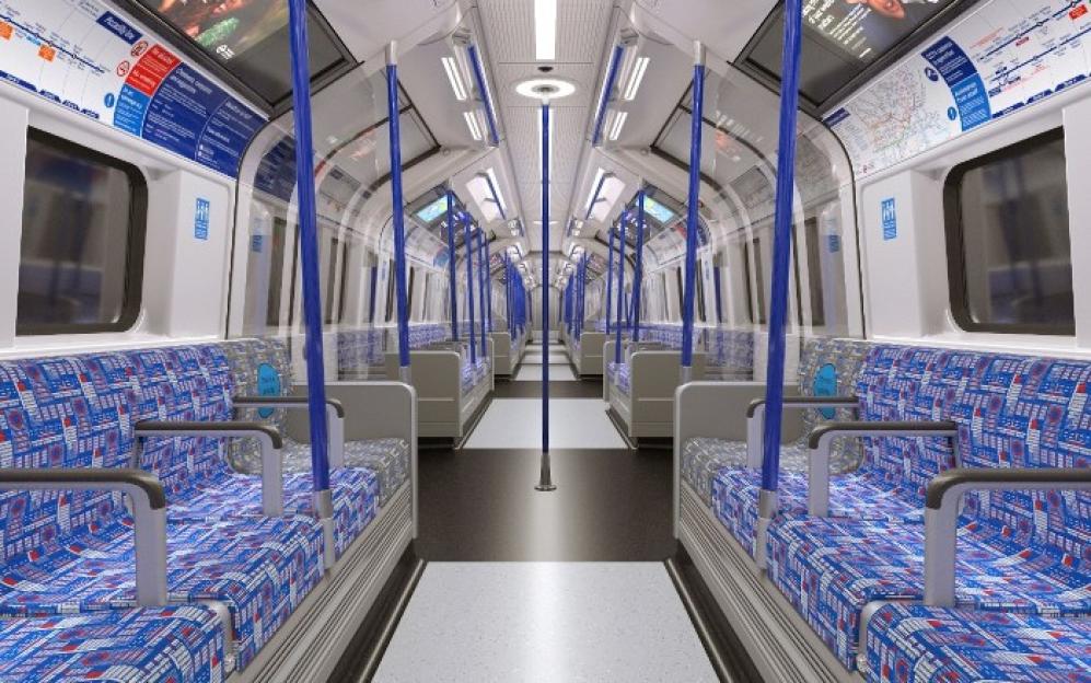 Illustration of the interior of a modern subway car with blue patterned seats and white walls.