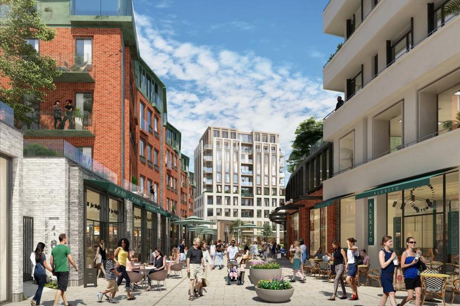 Illustration of the City Centre South redevelopment project in Coventry, showing a bustling pedestrian street with shops, cafes, and residential buildings.