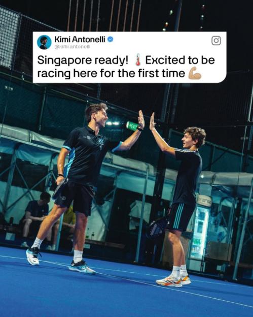 Two men high-fiving on a blue court, with a social media post above them saying "Singapore ready! Excited to be racing here for the first time."