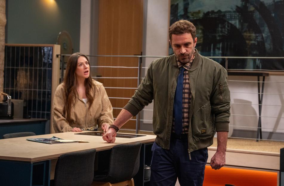 Still image from Emmerdale episode 10273: John Sugden angrily confronts Victoria Sugden.