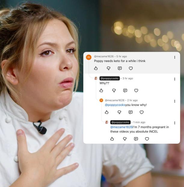 Poppy O'Toole reacts to a fat-shaming comment online, revealing her pregnancy.