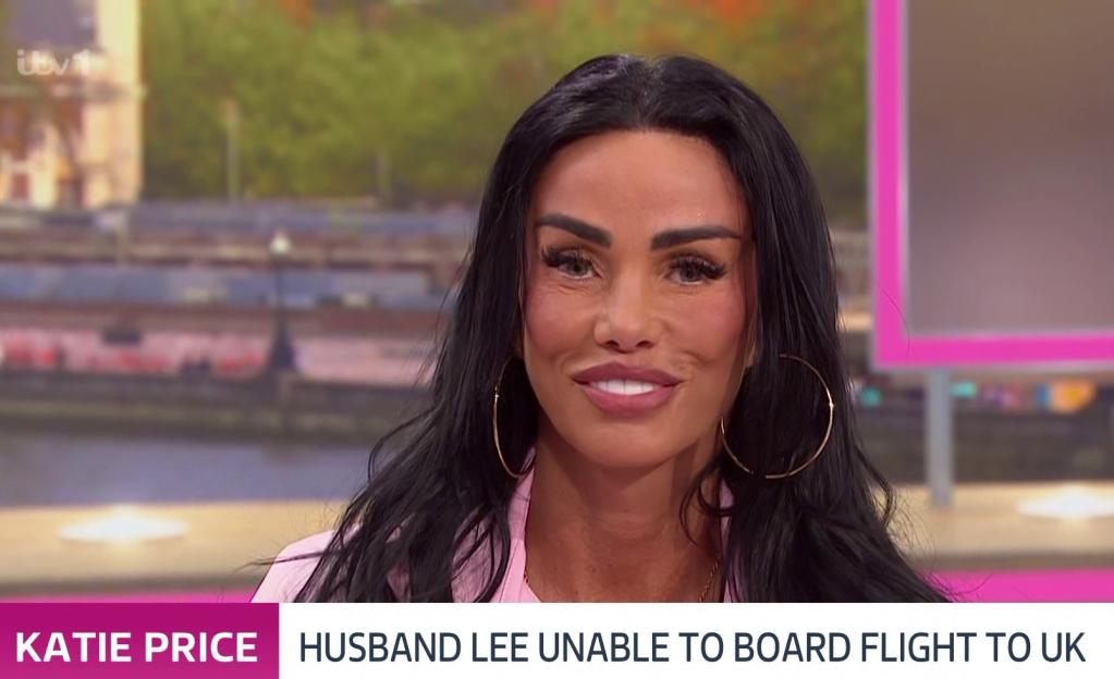 Katie Price on Good Morning Britain, with text overlay "HUSBAND LEE UNABLE TO BOARD FLIGHT TO UK".