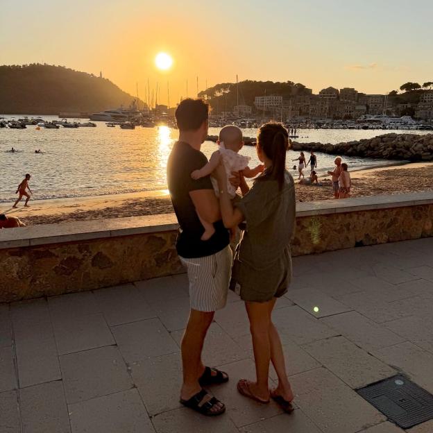 Mark Wright and Michelle Keegan with baby Palma at sunset.