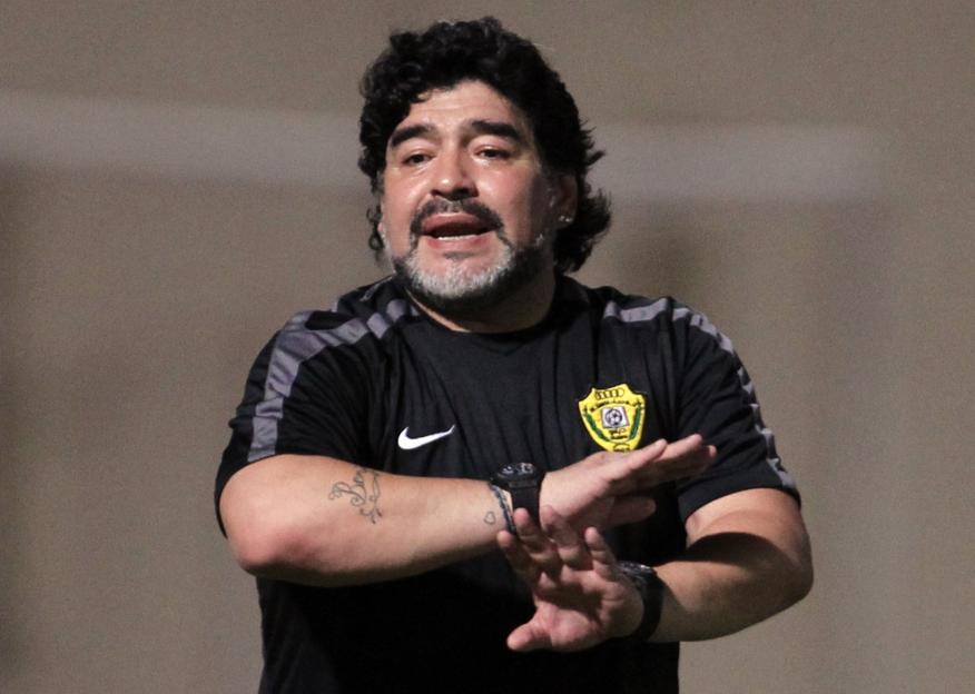 Manager of Dubai's Al Wasl soccer club Maradona of Argentina gestures during their friendly soccer match against Dibba Al Fujairah club in Dubai