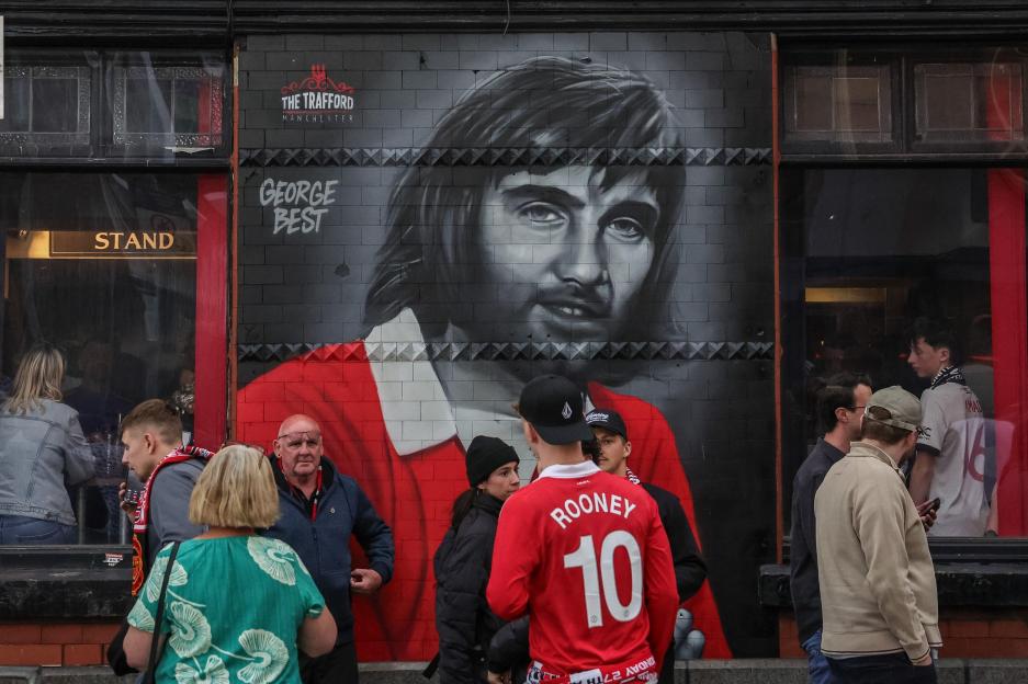Manchester, UK. 27th Apr, 2026. The George Best mural at The Trafford during the Premier League match Manchester United vs Brentford at Old Trafford, Manchester, United Kingdom on 27 April 2026 (Photo by Mark Cosgrove/News Images) Credit: News Images