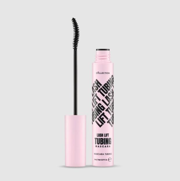 Collection Lash Lift Tubing Mascara in a light pink tube with its wand and brush shown beside it.