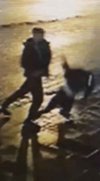 Collage of three grainy security camera stills showing an assault in progress.