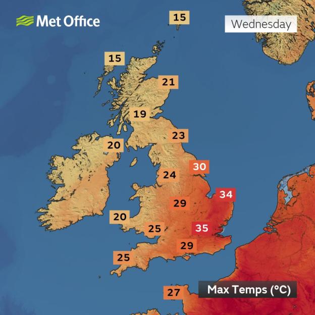 Map showing maximum temperatures in degrees Celsius across the UK, with warmer temperatures in red in the south-east of England.