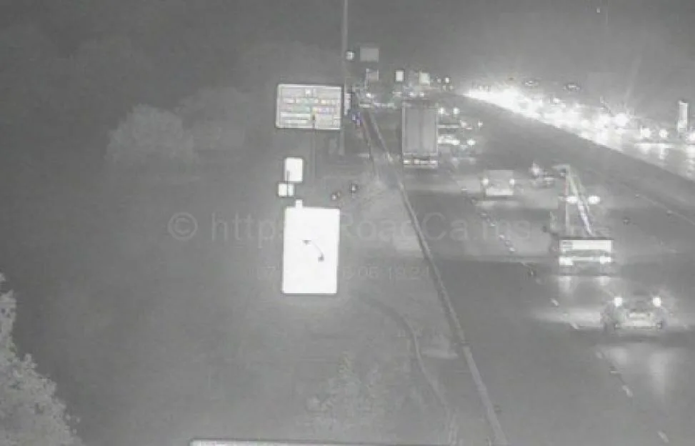 CCTV traffic camera image of traffic delays on the M5 motorway.