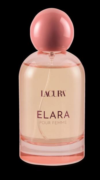 A bottle of Lacura Elara Pour Femme perfume with a pink spherical cap.