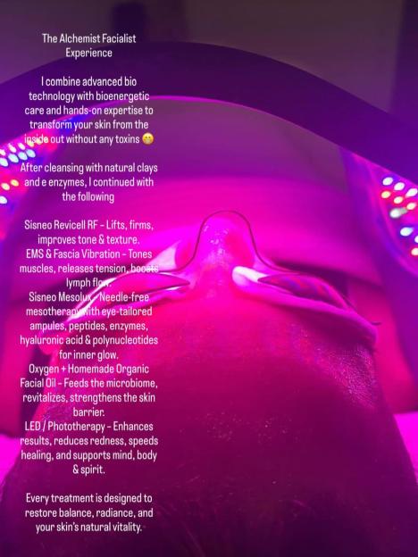 A person receiving a facial treatment under red LED light, with text describing the steps and benefits of "The Alchemist Facialist Experience."