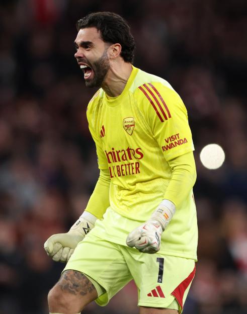 David Raya of Arsenal celebrates during the Premier League match against Chelsea.